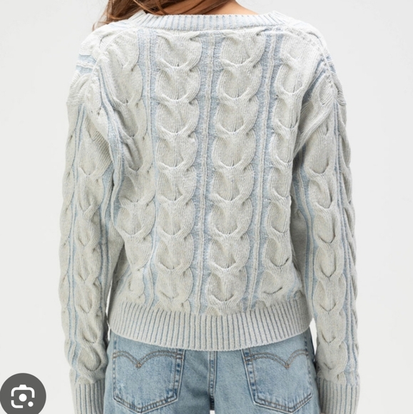 Free People Washed Cable V Neck Sweater Vintage Sky Blue Sz Small - Picture 2 of 8